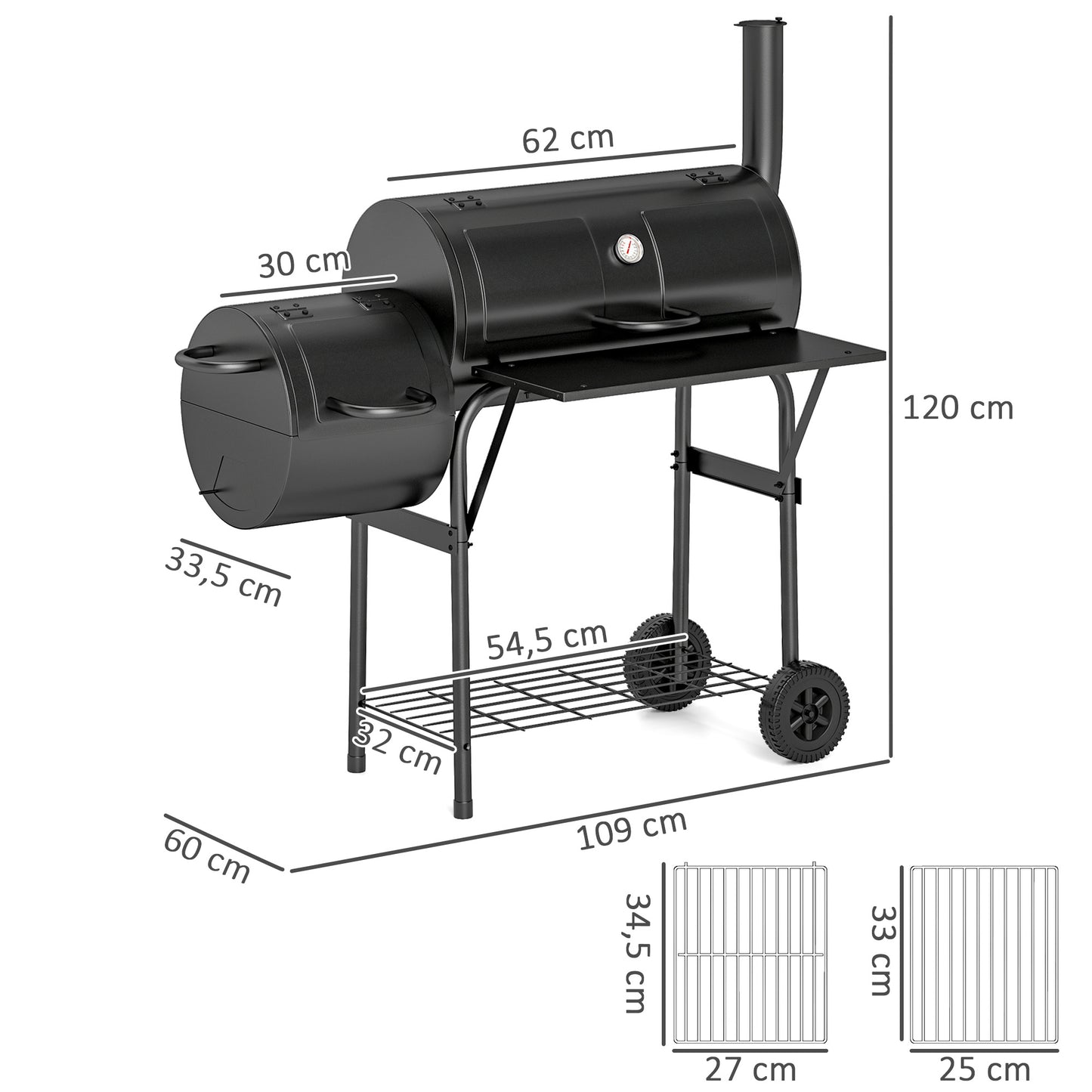 Houtskoolbarbecue – Barbecue – Smoker – Grill – Kogelbarbecue – Staal – Met Deksel en Thermometer – Verstelbare Luchttoevoer en Wielen