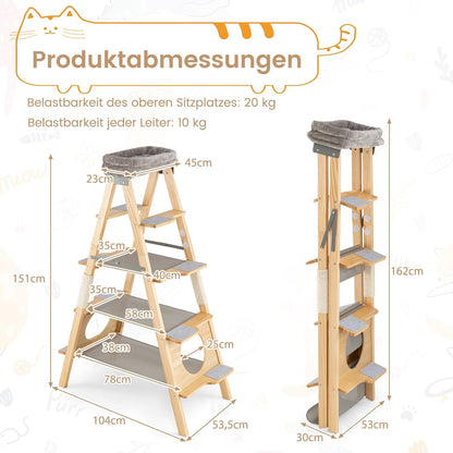 Krabpaal – Kattenboom – Krabmeubel – Kattenhuis – Krabtoren – 5 Niveaus – Massief Dennenhout – Inklapbaar Met Gewatteerde Hangmat