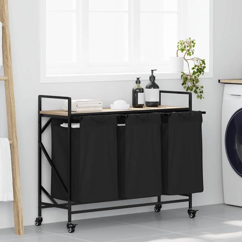 Wasmand – Wassorteerder – Wasbox – Waszak – Wasopberger – 3 Vakken – Met Wielen – Sonoma Eiken Design - Zwart