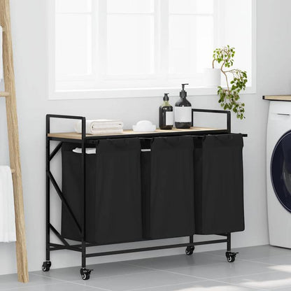 Wasmand – Wassorteerder – Wasbox – Waszak – Wasopberger – 3 Vakken – Met Wielen – Sonoma Eiken Design - Zwart