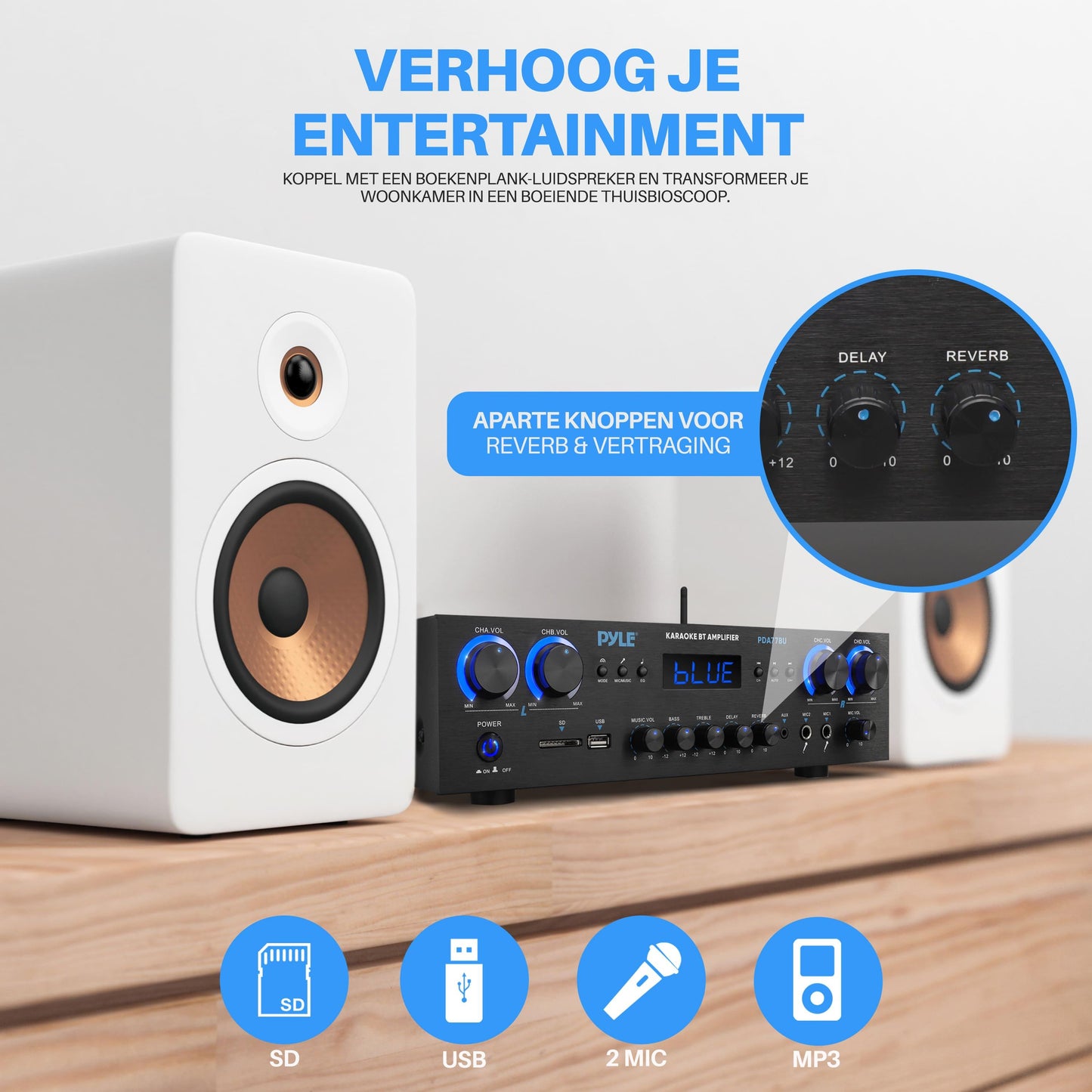 4-Kanaals Audioversterker – Versterker – Receiver – Audio Amplifier – Bluetooth Versterker – 800W Vermogen – Draadloze Bluetooth 5.0 & 2 Microfooningangen met Reverb en Delay