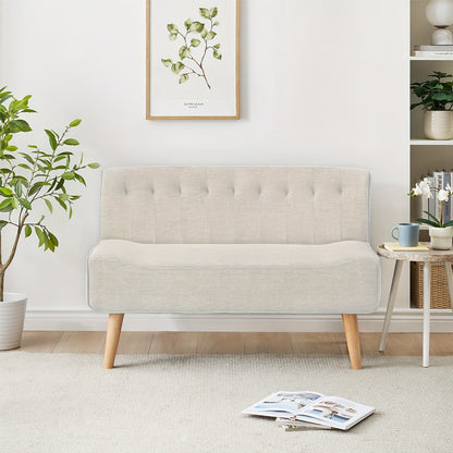 2-Zits Bank – Loveseat – Sofa – Tweezitsbank – Zitbank – Beige Linnen Look – Compact 117x56x78 cm – Stevig Metalen Frame Met Houten Poten