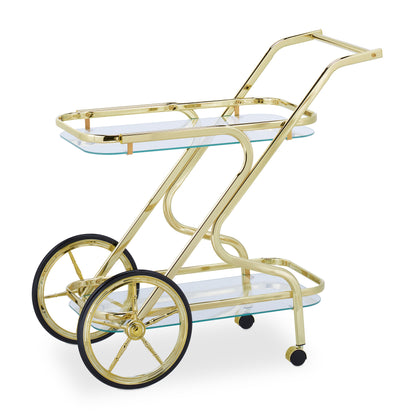 Serveerwagen Messing – Serveerwagen Op Wielen – Theewagen – Trolley – Dressoir – Met 2 Glazen Planken – Stevig Metalen Frame
