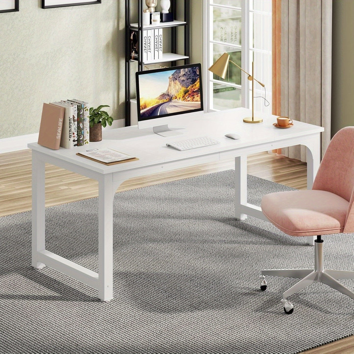 63-Inch Executive Desk, Large Office Computer Workstation with Thicken Frame in White for Home Office