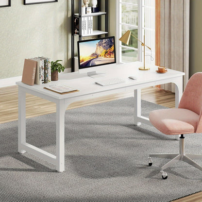 63-Inch Executive Desk, Large Office Computer Workstation with Thicken Frame in White for Home Office