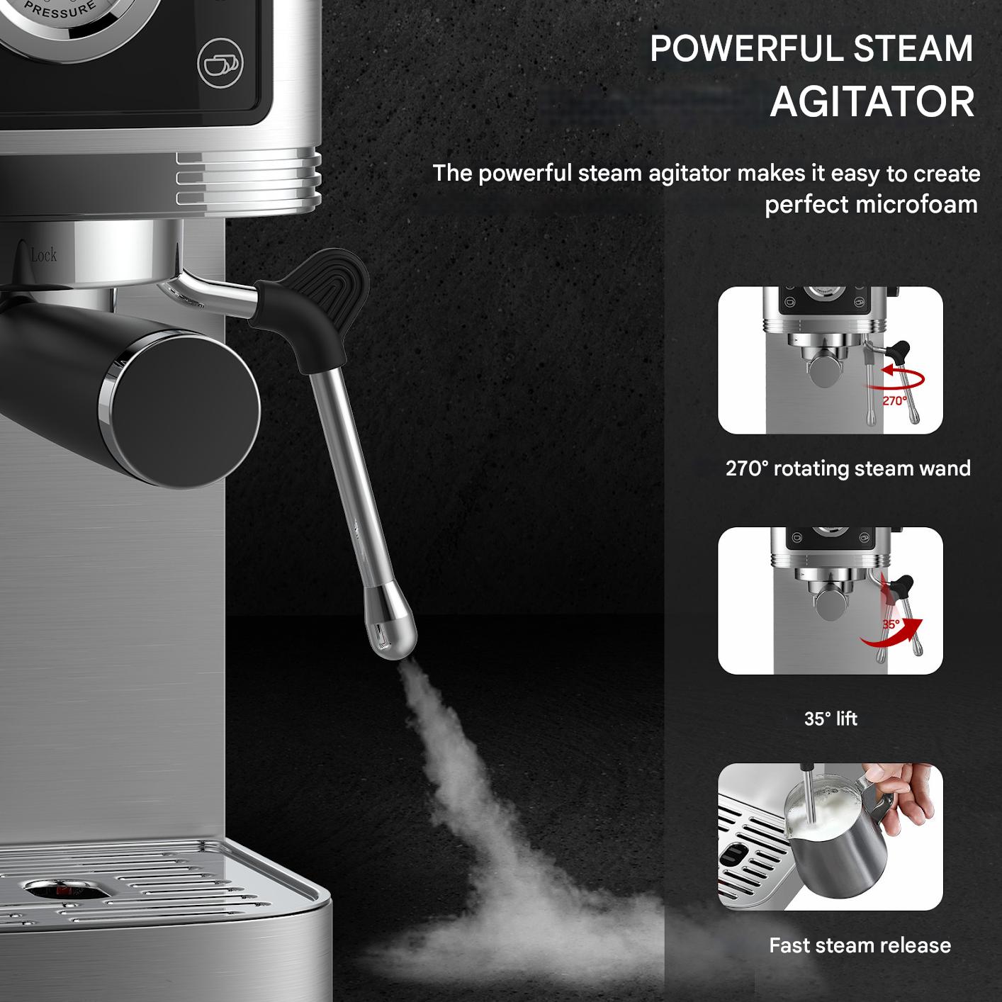 Espressomachine – Koffiezetter – Espressoapparaat – Cappuccinomachine – Melkopschuimer – 20-Bar Italiaanse Pomp – Roestvrij Stalen Behuizing 1,3L Reservoir