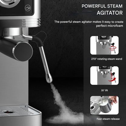 Espressomachine – Koffiezetter – Espressoapparaat – Cappuccinomachine – Melkopschuimer – 20-Bar Italiaanse Pomp – Roestvrij Stalen Behuizing 1,3L Reservoir