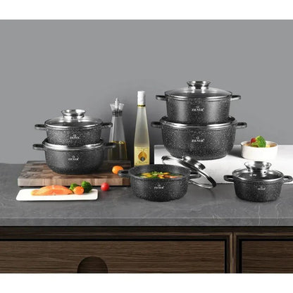 Pannenset – Kookpotten – Kookpannen – Inductiepannen – Braadpannen – 12-delige Set – Marmercoating – Geschikt Voor Alle Kookplaten