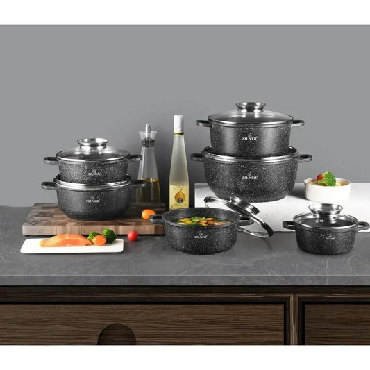Pannenset – Kookpotten – Kookpannen – Inductiepannen – Braadpannen – 12-delige Set – Marmercoating – Geschikt Voor Alle Kookplaten