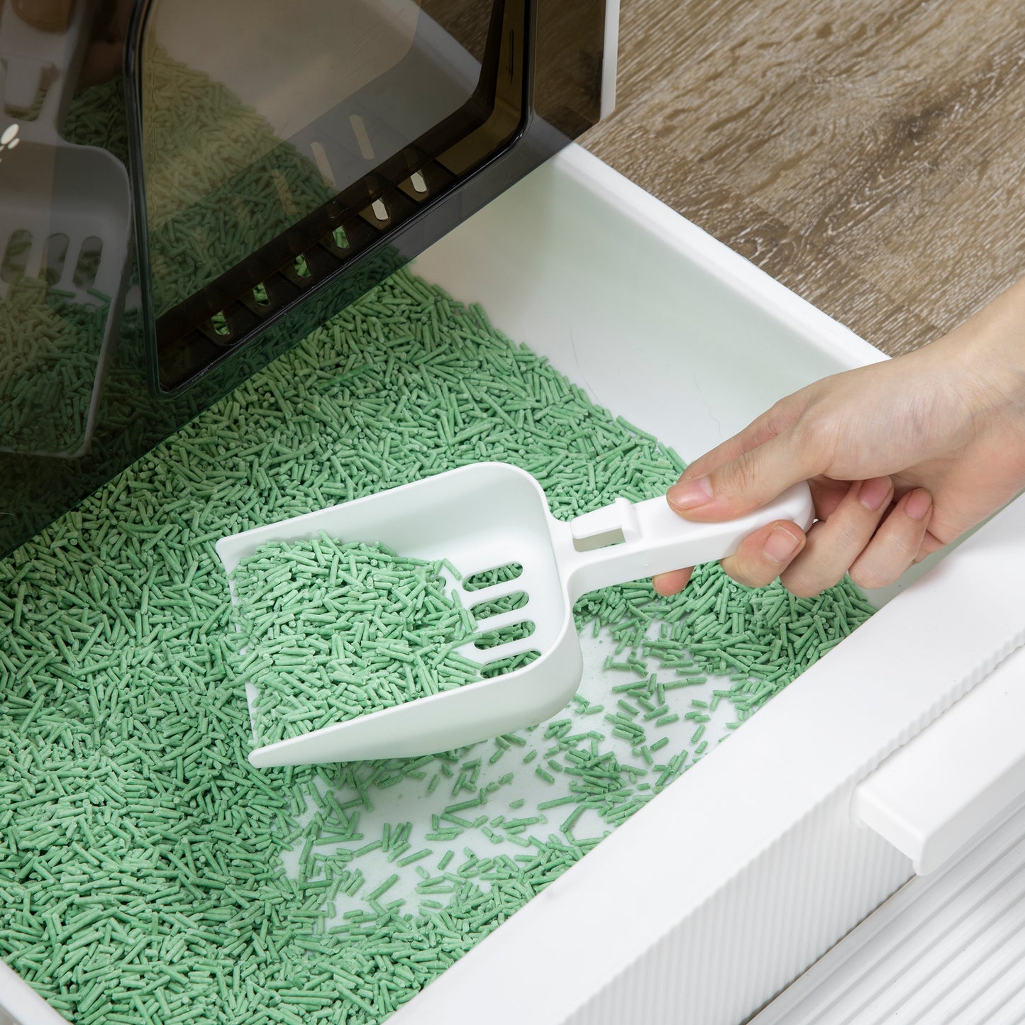 Kattenbak – Kattenbakhuis – Kattenbak Met Deurtje – Kattenbak Met Schepje – Hygienische Kattenbak – Duurzaam PP-Plastic – Inclusief Schommeldeur – Compact 43x44x47 cm
