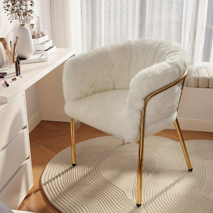 Eetkamerstoel – Fauteuil – Kuipstoel – Stoel – Draaistoel – Beige Imitatie Konijnenbont – Stevige Metalen Poten