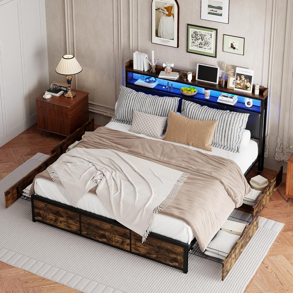 Tweepersoons Opbergbed – Bed Met Laden – Slaapbank – Opbergbed – Led Bed – 140x200 cm – PU Leer Hoofdbord – USB Oplaadpoorten