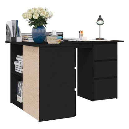 Hoekbureau – Bureau – Computertafel – Werkplek – Bureautafel – Hoogwaardig Vochbestendig Hout – 4 Lades Met 2 Kastdeurtjes – Mat Zwart