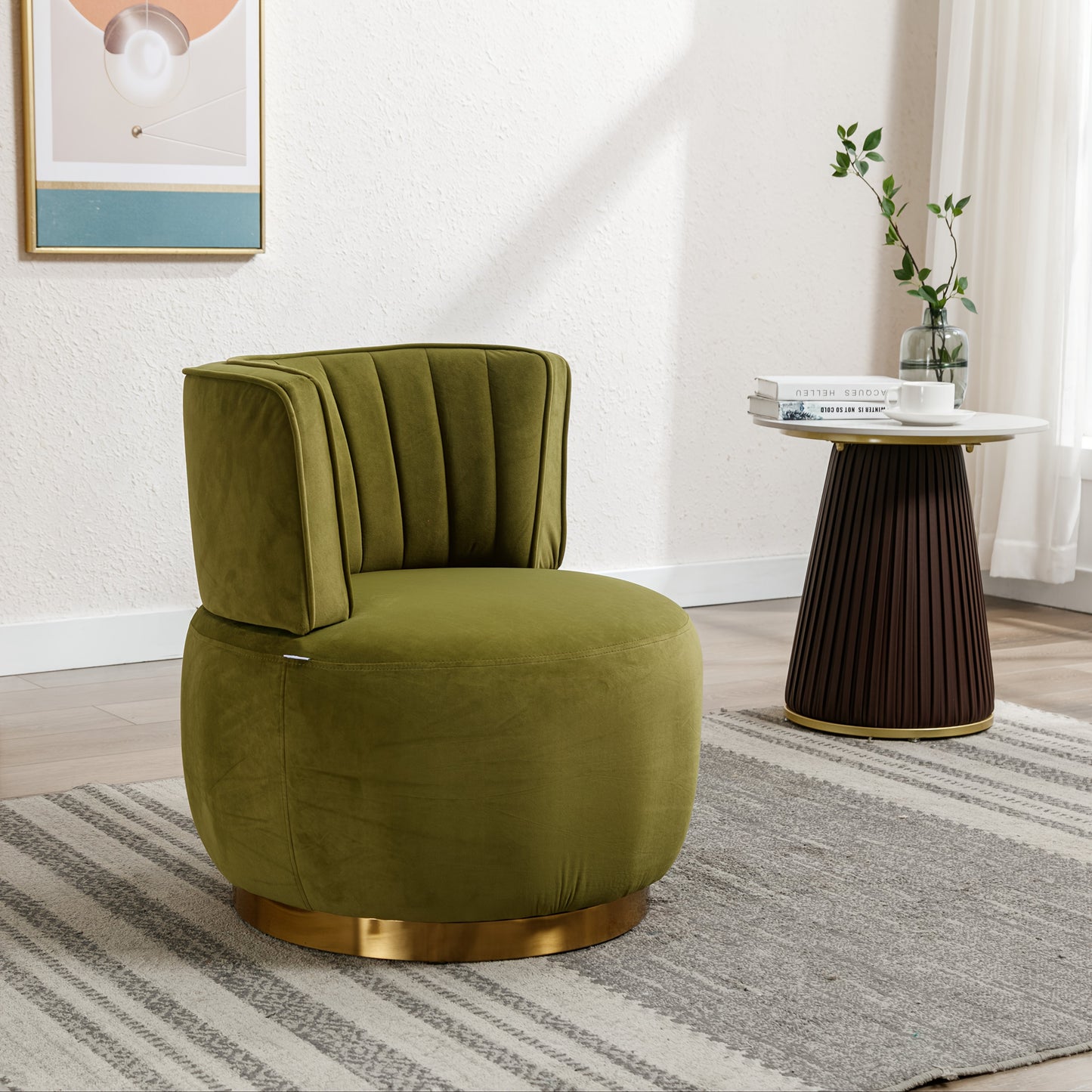 360 Degree Modern Swivel Chair Round Swivel Chair Soft Velvet Finish Comfortable Backrest Stable Structure Living Room Chair Shell Chair Suitable For Living Room Bedroom Study Room, Olive Green