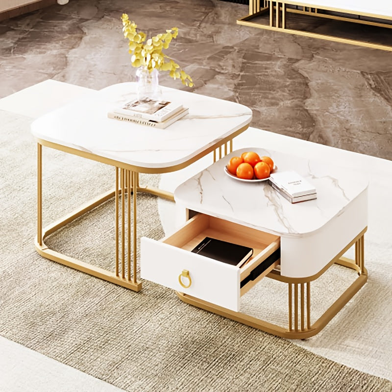 Expandable Modern Coffee Table with Marble-Look Glass Top & Black Metal Legs - Contemporary Minimalist Design, Hidden Storage Drawers, Space-Saving Expandable Center Table for Living Room, Durable Easy-Clean Surface, Assembly