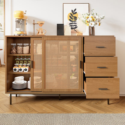 Sideboard – Dressoir – Buffetkast – Opbergkast – Kast – Modern – Houtlook Met Rattan – 140x37x91 cm – 3 Laden Met Verstelbare Planken