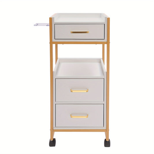 Kapperswagen – Kappers Trolley – Werkwagen – Kapperskar – Salonwagen – 3 Laden – 50 KG Draagvermogen – Met Haardrogerhouder – Mobiel en Compact – Wit met Gouden Frame