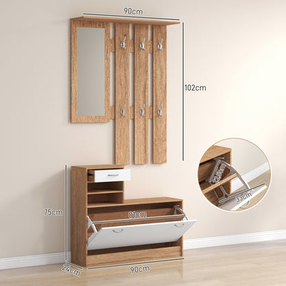 Halmeubel 3-in-1 – Kapstok – Schoenenkast – Spiegel – Opbergmeubel – Walnoot en Wit – 6 Haken – Verstelbare Plank