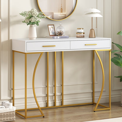 Sidetable – Consoletafel – Wandtafel – Haltafel – Bijzettafel – Modern – Met 2 Laden – Metaal Frame – Wit Met Gouden Poten – Compact 120x38x76 cm