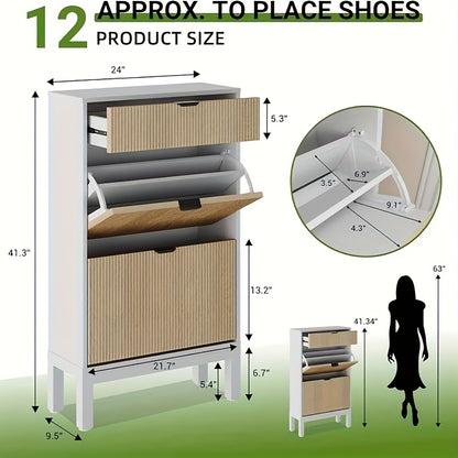 Shoe Storage Cabinet with 2 Flip Drawers And A Drawer, Entryway Cabinet with Adjustable Shelves, Can Accommodate 12 to 20, Space-Saving Narrow Shoe Rack for Entryway, Hallway, Front Door