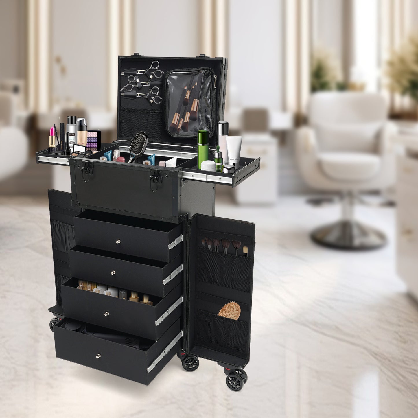 Make-up koffer – Make-up trolley – Cosmetica koffer – Beautycase – Visagiekoffer – Verstelbare hoogte – 360° draaibare wieltjes – Harde ABS buitenkant – Sleutelslot – Zwart