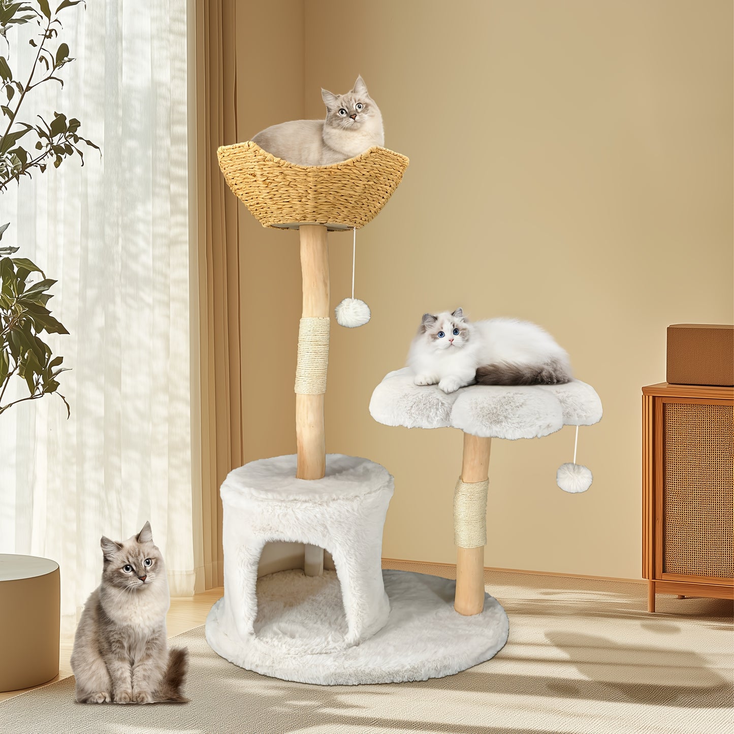 Krabpaal – Kattenboom – Kattenhuis – Kattentoren – Krabmeubel – 92x38,5x120 cm – Sisal Krabpalen & Pluche Bekleding – Stevig Houten Meubel