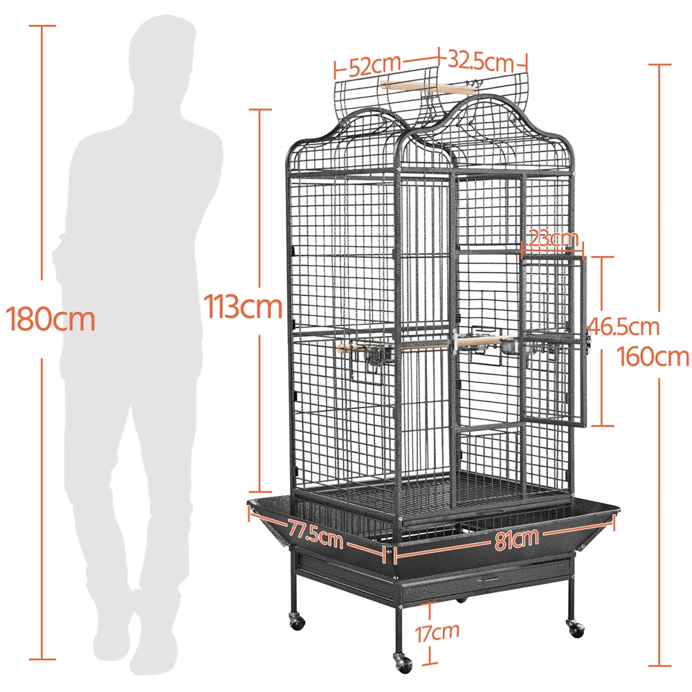 Vogelkooi – Papegaaienkooi – Parkietenkooi – Grasparkietenkooi – Volière – Met Wieltjes – Zwart Gepoedercoat Metaal – Ruim Leefgebied 60,5x56x113 cm
