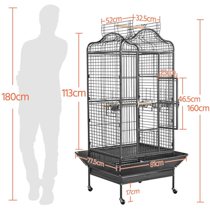 Vogelkooi – Papegaaienkooi – Parkietenkooi – Grasparkietenkooi – Volière – Met Wieltjes – Zwart Gepoedercoat Metaal – Ruim Leefgebied 60,5x56x113 cm