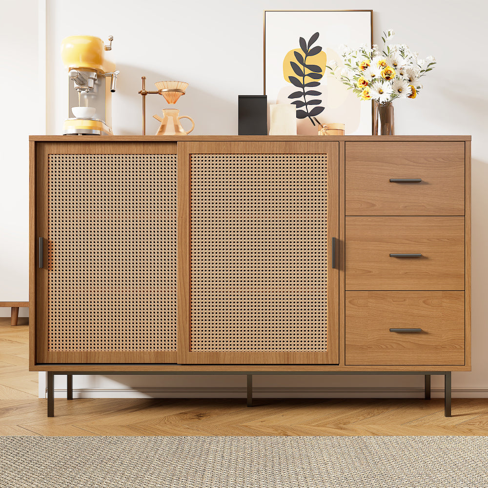 Modern Rustic Sliding Door Sideboard Cabinet with 2 Doors & 3 Adjustable Shelves - Large Storage Non-Wood Brown, Black Frame Buffet for, Dining Area - 140cm Wide Contemporary Furniture (Easy Assembly Required)