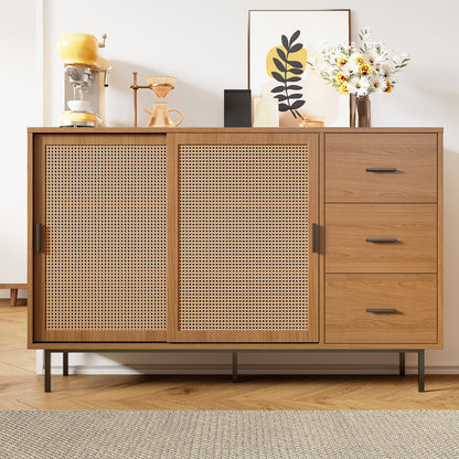 Modern Rustic Sliding Door Sideboard Cabinet with 2 Doors & 3 Adjustable Shelves - Large Storage Non-Wood Brown, Black Frame Buffet for, Dining Area - 140cm Wide Contemporary Furniture (Easy Assembly Required)