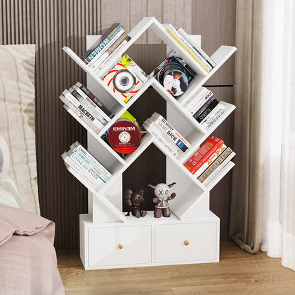 Boomvormige Boekenkast – Boekplank – Opbergkast – Wandrek – Boekenkast Met Lades – Wit Hout – Compact 60x20x100 cm – Vrijstaand & Duurzaam
