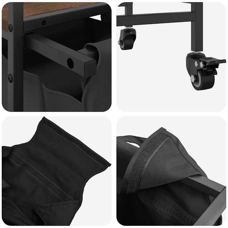 Wasmand – Wassorteerder – Wasbox – Opbergmand – Wasbak – 3 Vakken – Wieltjes – Stevig Bruin Eikenhout Frame – Duurzame Stof
