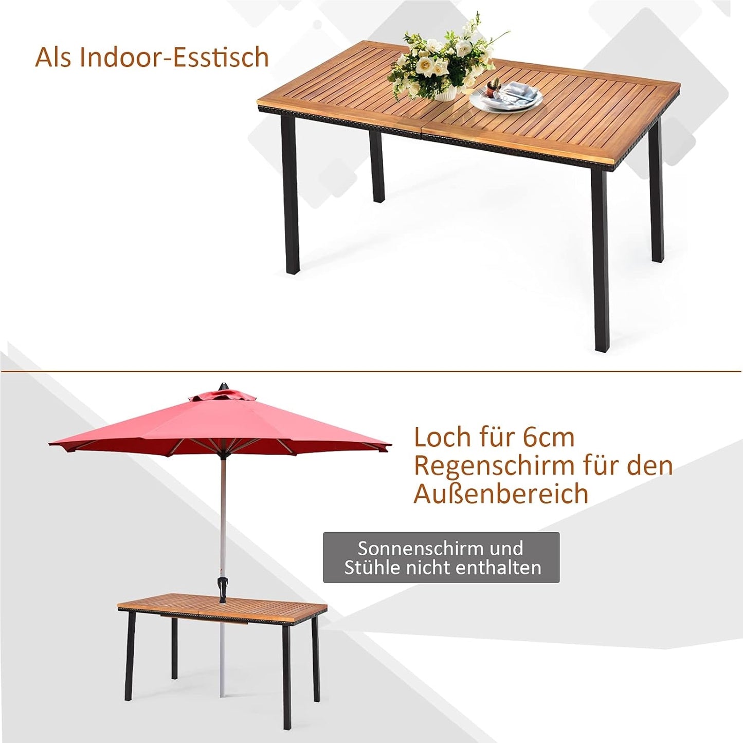 Tuintafel – Terrastafel – Buiten tafel – Eettafel – Houtentafel – Acaciahouten Blad – Met Parasolgat – 140x75x76 cm – Voor 6-8 Personen