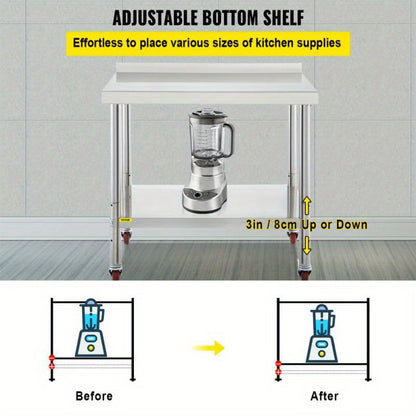 RVS Werkbank – Roestvrijstalen Werktafel – Keukenwerkbank – Professionele Werkbank – Mobiele Werkbank – 199,58 kg Draagvermogen – Verstelbare Onderplank & Backsplash