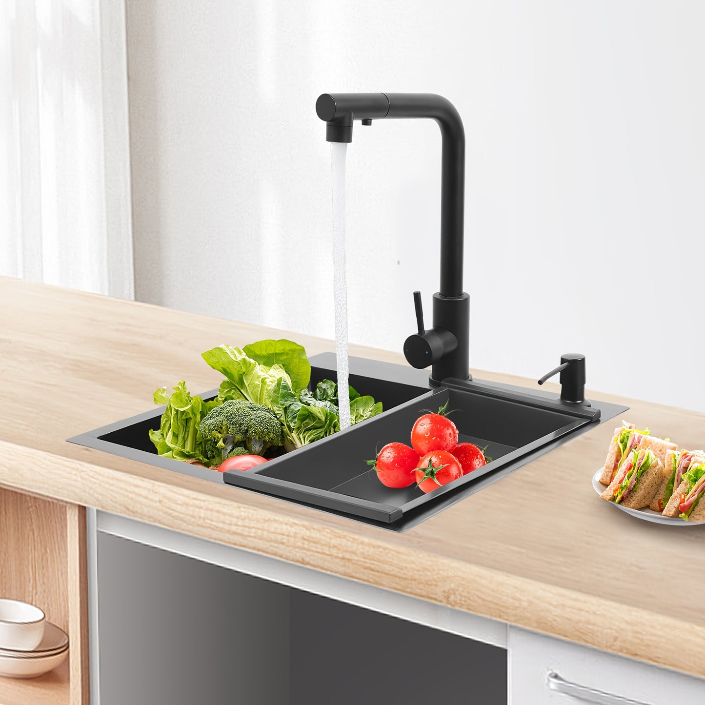 Keukenspoelbak – Spoelbakken Keuken – Wasbak Keuken – Enkele Spoelbak – Gootsteen – RVS 201 Staal – Uittrekbare Kraan 60 cm