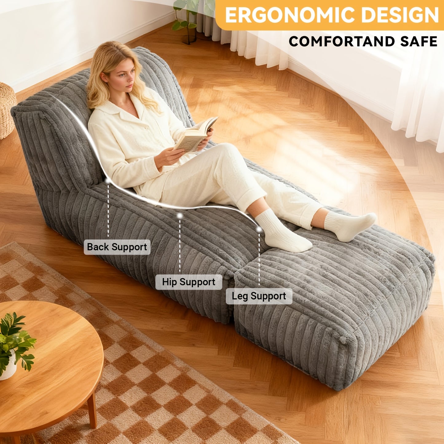 Vouwbare Zitzak Fauteuil – Lazy Chair – Loungestoel – Zitzakstoel – Fauteuil – Donkergrijs – Ergonomisch Design – Zachte Corduroy Stof