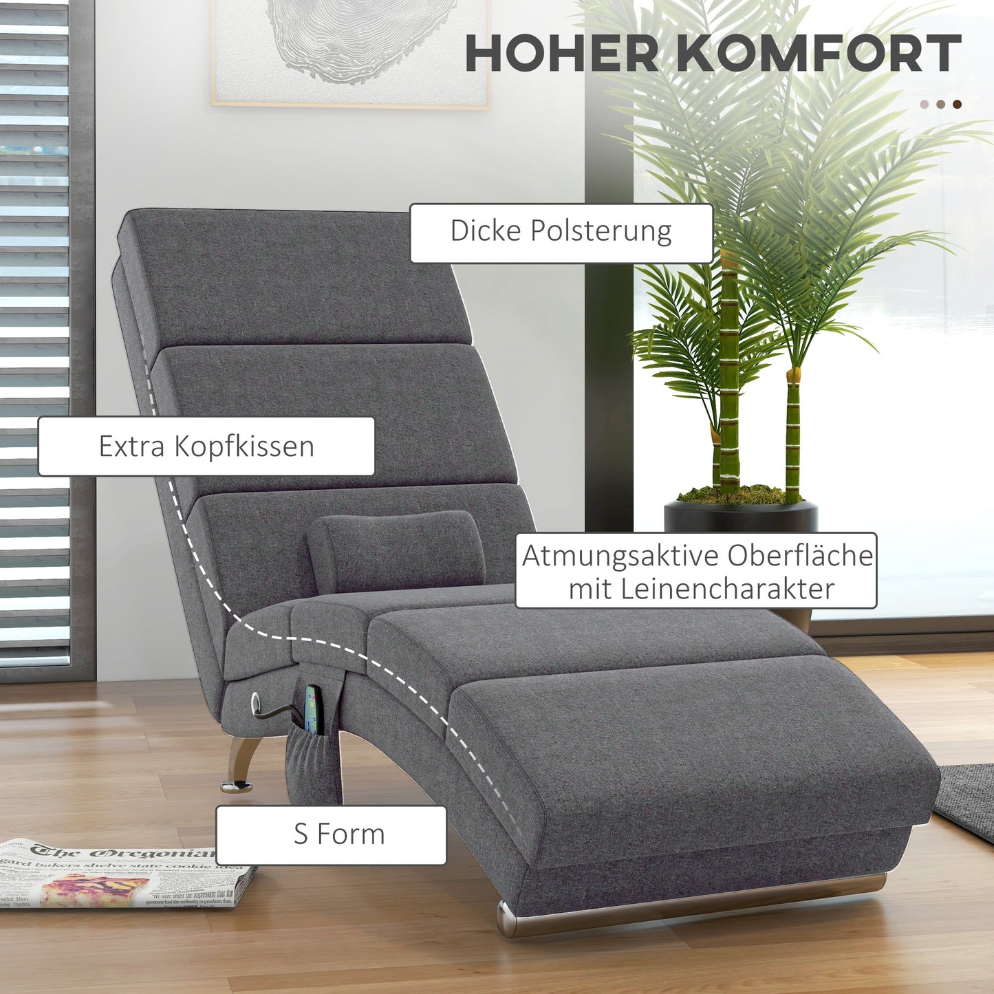 Massage Relaxfauteuil – Relaxstoel – Ligstoel – Fauteuil – Verstelbare Stoel – Donkergrijs – 8 Vibratiepunten – 5 Massagemodi – Ruime Afmetingen 56x168x84 cm