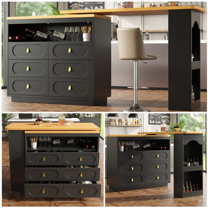 Extendable Bar Table with 360° Rotating Base & Storage Shelf - Heavy-Duty Metal Modern Black Adjustable Length 138-203cm (55"-80") - Space-Saving Expandable Kitchen Island, Home Office Desk, Dining Table for Small Spaces - E