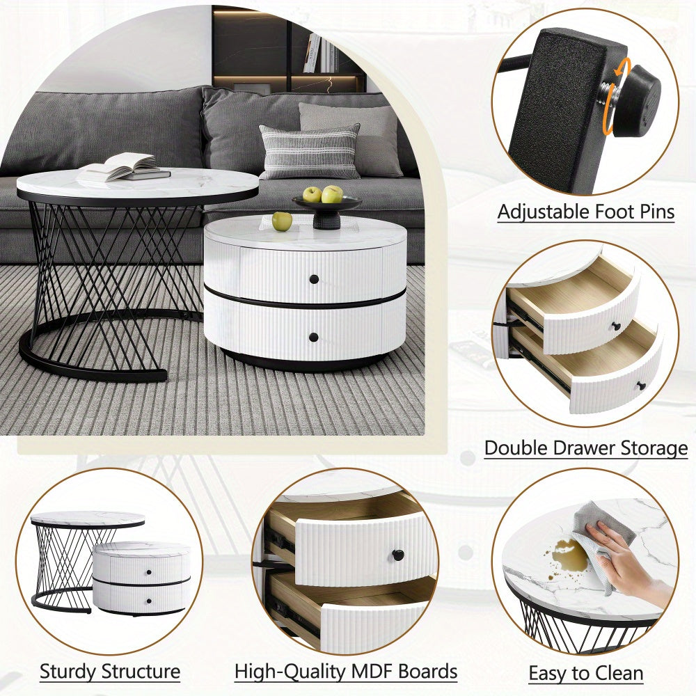 Salontafel Set – Koffietafel Set – Bijzettafel Set – Nestbare Tafels – Ronde Salontafels – Hoogglans Marmerlook – 2 Drawers – 60x60 & 50x50 cm - Wit