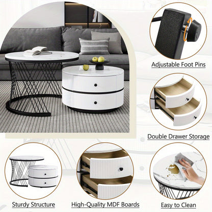 Salontafel Set – Koffietafel Set – Bijzettafel Set – Nestbare Tafels – Ronde Salontafels – Hoogglans Marmerlook – 2 Drawers – 60x60 & 50x50 cm - Wit