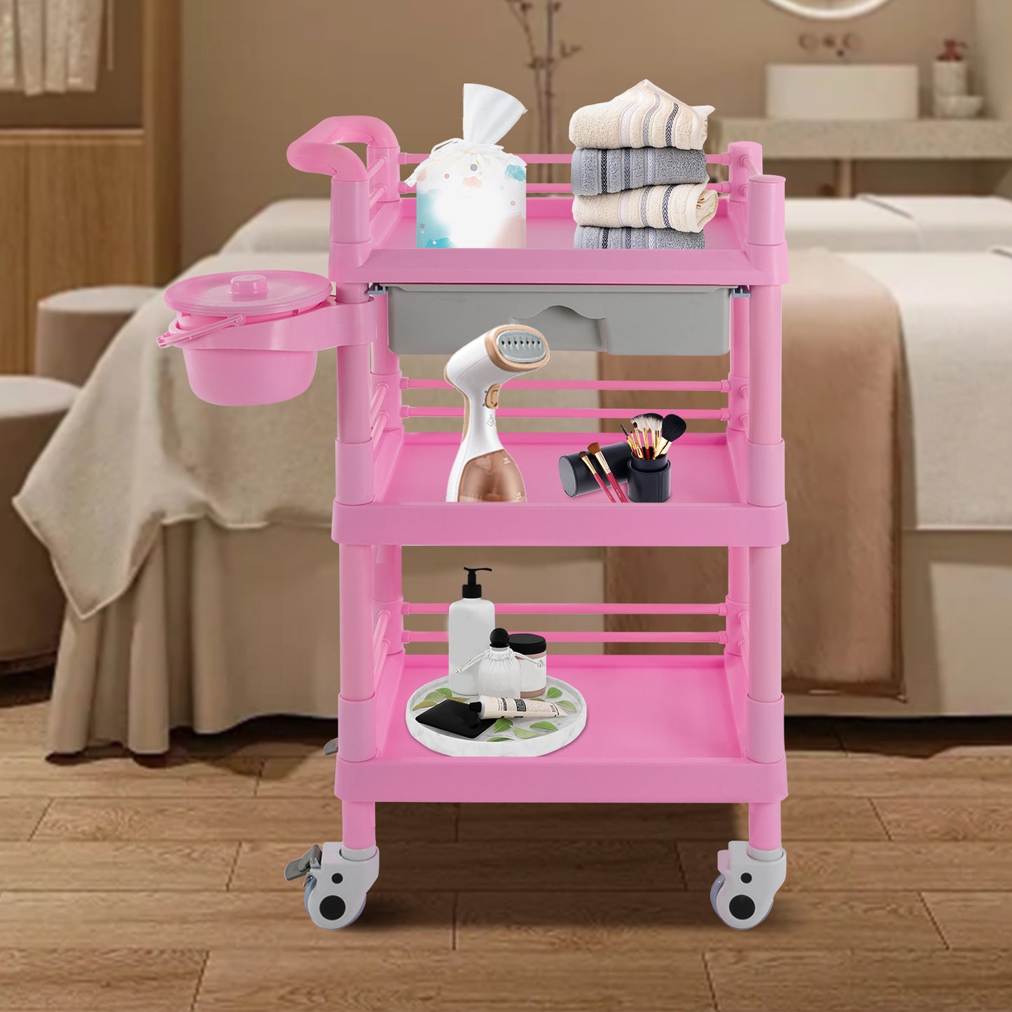 Beauty Trolley – Make-up Koffer – Schminkkoffer – Cosmetica Koffer – Opbergtrolley Roze – 3 Laags Met Lade – Mobiele Opbergruimte – 100 Kg Draagvermogen