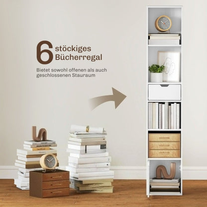 Boekenkast – Boekenrek – Vakkenkast – Opbergkast – Wandkast – 6-laags – Verstelbare Planken – Deuren & Lades – Ruimtebesparend Verticaal Design – Stevige Kunststof Constructie – Wit