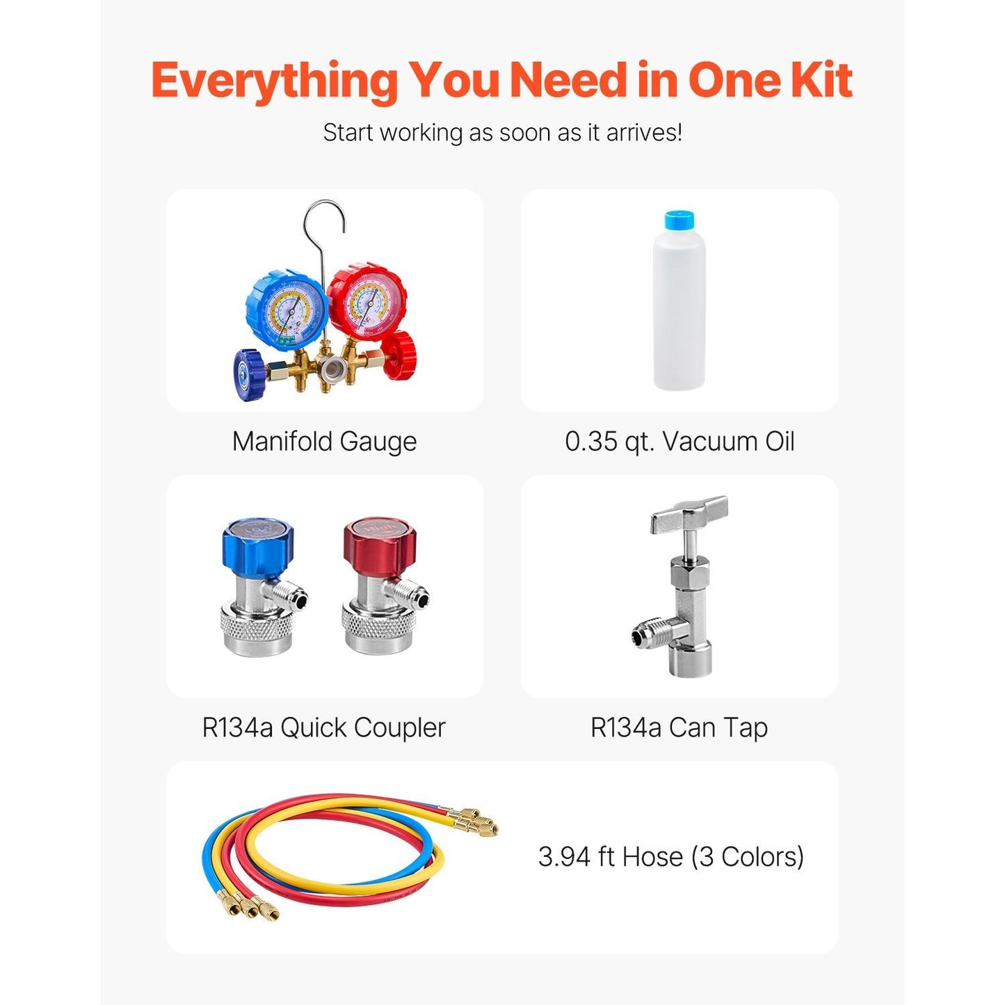 Vacuümpomp – Vacuümpompset – Aircopomp – Koeltechniek Set – Manometerset – Compatibel Met R134a R22 R12 R502 – 3,5 CFM Capaciteit – Precisie Manometer Met Kleurgecodeerde Slangen – Oranje Variant