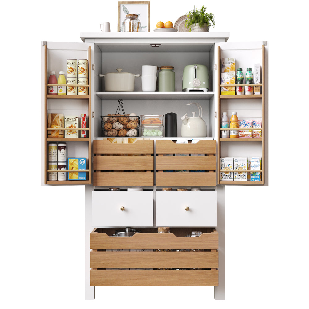 Modern Tall White Kitchen Cabinet with 2 Doors & 5 Drawers - Heavy-Duty -Standing Storage Unit Suitable for Small Kitchens, Dish Cabinet, Pantry, Space-Saving