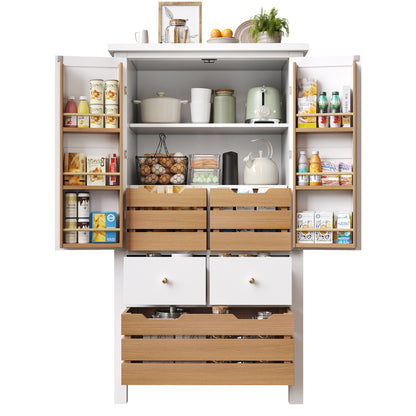 Modern Tall White Kitchen Cabinet with 2 Doors & 5 Drawers - Heavy-Duty -Standing Storage Unit Suitable for Small Kitchens, Dish Cabinet, Pantry, Space-Saving