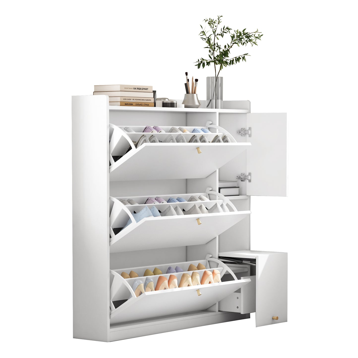 Schoenenkast – Schoenenrek – Schoenopberger – Schoenmeubel – Schoenentrekker – Wit – 3 Kantelbare Laden – Ingebouwde Klapbank