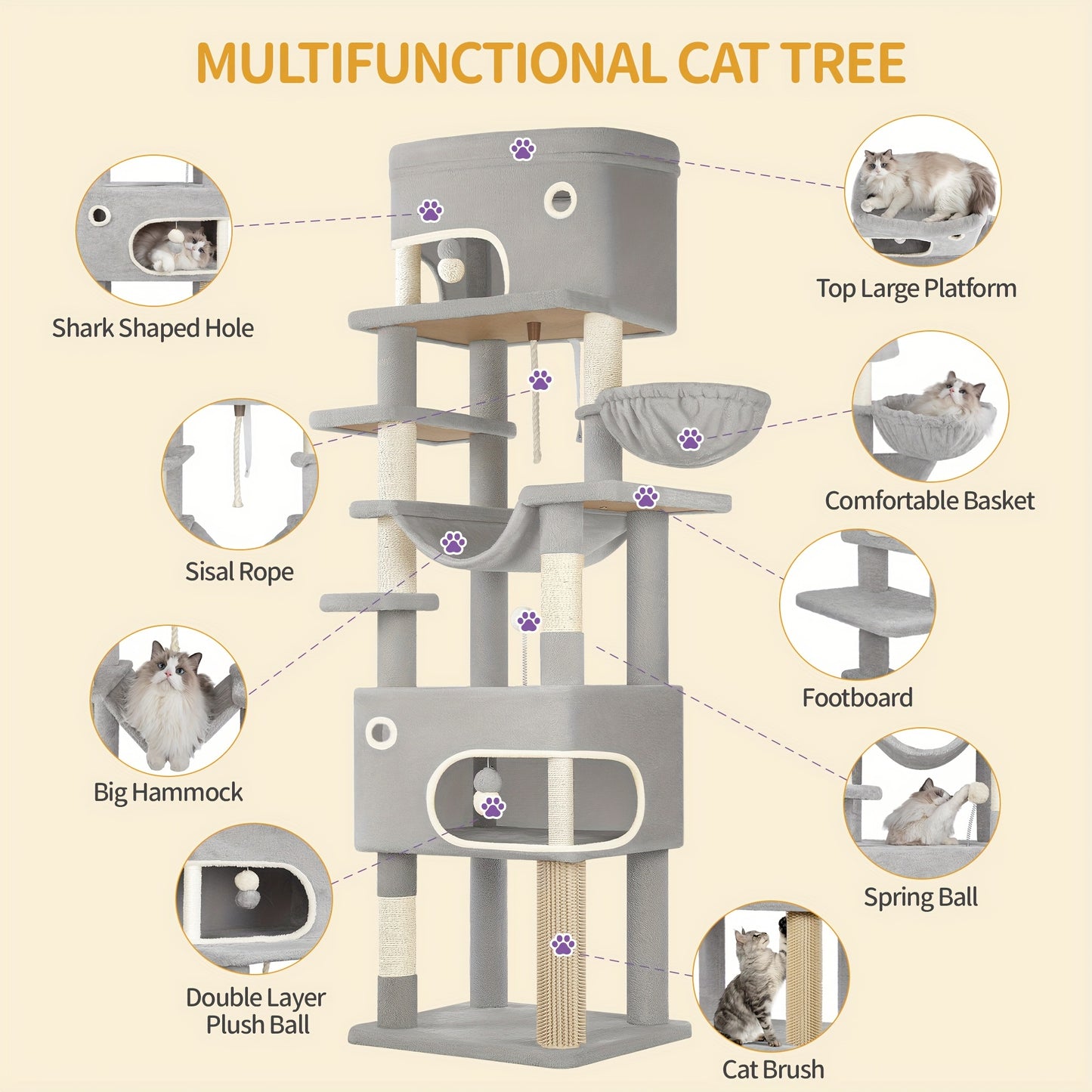 Cat Scratching Post with Large Platform, 2 Caves, 7 Scratching Posts, Pompoms, Loungers, Hammock, Suitable for All Cat Breeds, Light Grey/Dark Grey - QUORE
