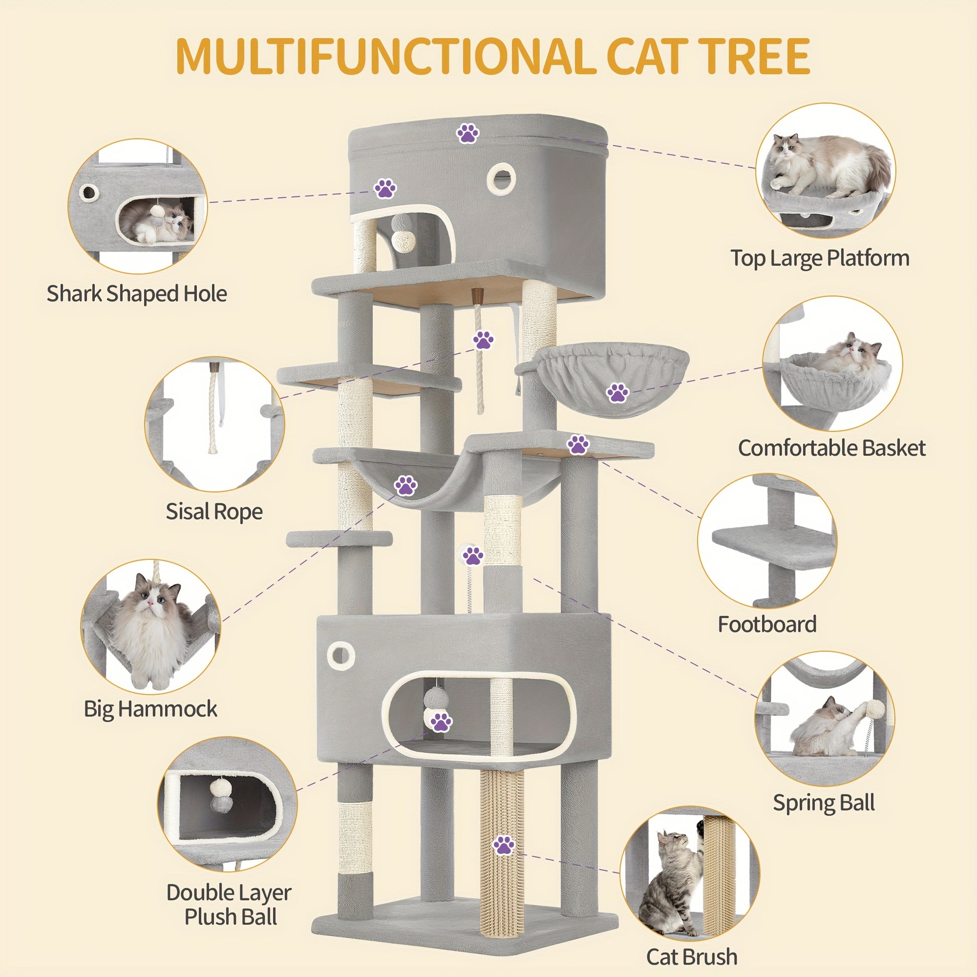 Cat Scratching Post with Large Platform, 2 Caves, 7 Scratching Posts, Pompoms, Loungers, Hammock, Suitable for All Cat Breeds, Light Grey/Dark Grey - QUORE