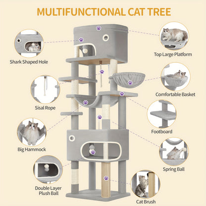 Cat Scratching Post with Large Platform, 2 Caves, 7 Scratching Posts, Pompoms, Loungers, Hammock, Suitable for All Cat Breeds, Light Grey/Dark Grey - QUORE