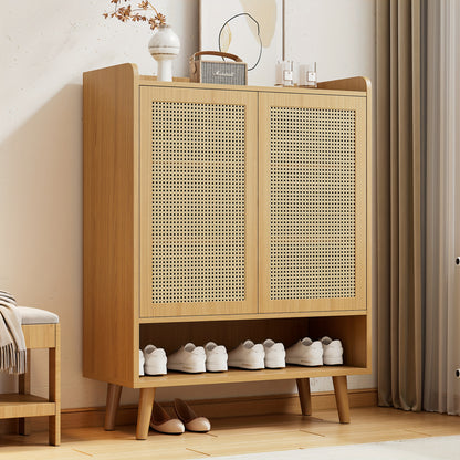 Schoenenkast – Schoenenopberger – Halkast – Schoenenrek – Schoenenbank – Modern Rotan – Dubbele Deuren – 5 Verstelbare Planken – Vrijstaand – 80 cm Breed – 27+ Inch Hoog – Natuurlijke Beige